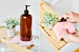 natural body wash sitting on a shelf in a bathtub and being pumped out onto a washcloth