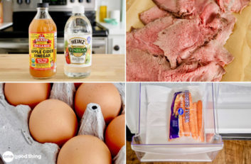 Food Expiration Dates - collage: two bottles of vinegar; slices of rare beef; eggs in a carton; bag of carrots in crisper drawer