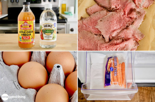 Food Expiration Dates - collage: two bottles of vinegar; slices of rare beef; eggs in a carton; bag of carrots in crisper drawer