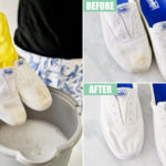cleaning canvas shoes collage: rubber gloved hand holding white canvas shoes above a bucket of sudsy water; before and after pictures of white canvas shoes after cleaning
