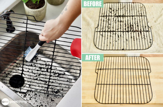 cleaning your bbq grill - collage: scrubbing a grill rack over the kitchen sink; dirty grill rack; clean grill rack