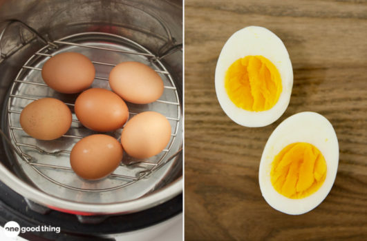 instant pot hard boiled eggs - brown eggs on a rack over water in an instant pot; hard boiled egg cut in half