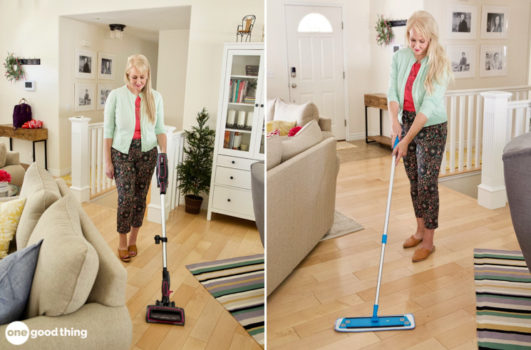 caring for hardwood floors - woman vacuuming wood floor; woman mopping wood floor