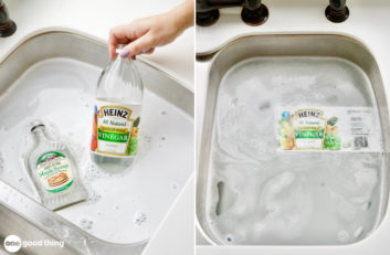 Remove labels easily by putting bottles into a sink full of water and washing soda and let them soak.