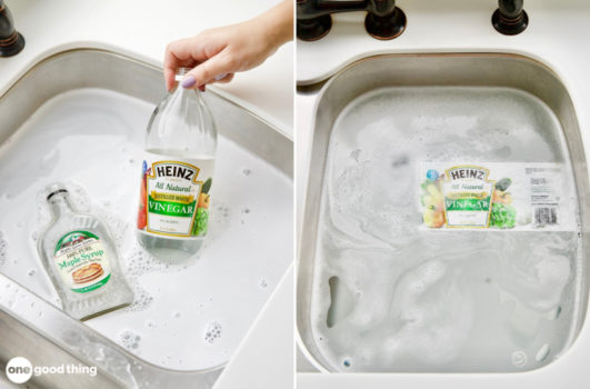 Remove labels easily by putting bottles into a sink full of water and washing soda and let them soak.