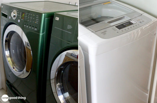 Split image of two washing machines: a green front-loader on the left and a white top-loader on the right, perfectly capturing the front load vs top load debate.