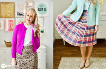 practical fashion tips - collage: woman wearing a bright pink cardigan; woman holding her pleated plaid skirt out to the side