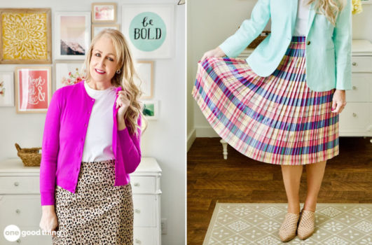practical fashion tips - collage: woman wearing a bright pink cardigan; woman holding her pleated plaid skirt out to the side