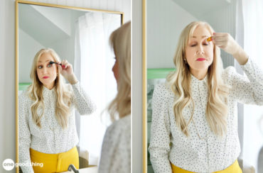 DIY lash serum for longer thicker eyelashes - collage: woman looking into mirror while brushing her eyelashes, woman with her eyes closed applying serum to eyelashes with a roller bottle