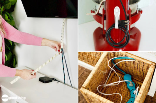 There are a variety of inexpensive ways to hide cords, including cable covers, hooks, and containers.