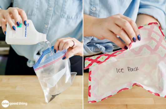 One way to make homemade ice pack is to use rubbing alcohol in a ziplock bag and put it in the freezer. Wrap with a kitchen towel before applying to skin.