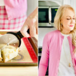 crazy dough collage: cutting dough with a pizza cutter; woman eating a piece of foccaccia