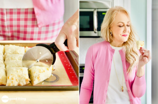 crazy dough collage: cutting dough with a pizza cutter; woman eating a piece of foccaccia