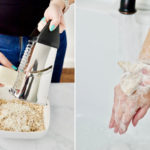 collage of two images showing a woman grating a bar of soap and rubbing her arm with an oat bag in the bath