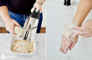 collage of two images showing a woman grating a bar of soap and rubbing her arm with an oat bag in the bath