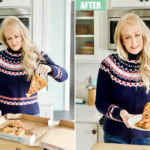 A side-by-side image of a woman holding a slice of pizza before and after reheating it.