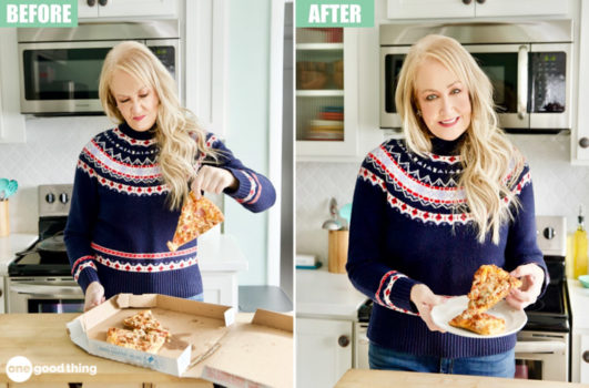 A side-by-side image of a woman holding a slice of pizza before and after reheating it.