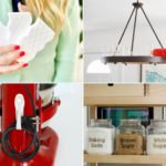 Mr. Clean magic erasers, extended duster being used on chandelier, Command cord holder on red mixer, clear cracker jars with clear labels.