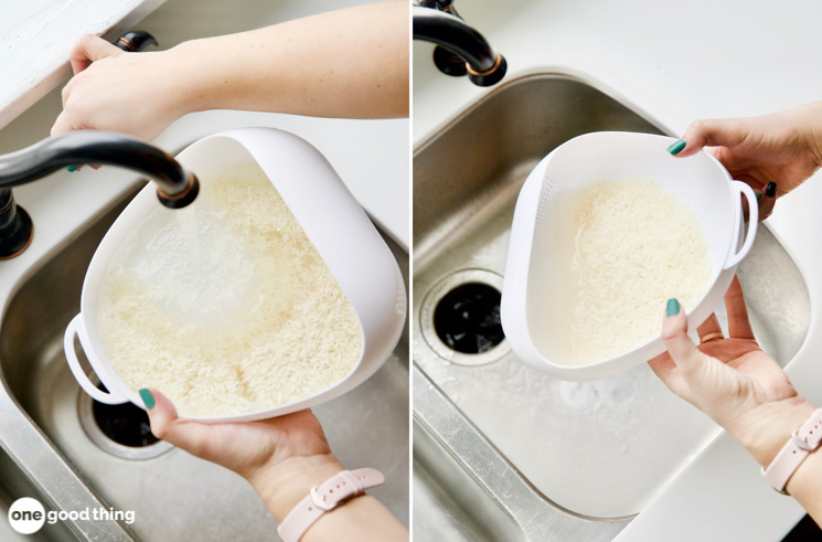 Collage of two images: The image on the left shows water being put onto a white plastic container of rice from a faucet. The image on the right shows the water being poured off after washing rice.