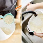 Collage of two images: The image on the left shows a measuring cup of rice being poured into a white, plastic container. The image on the right shows someone rinsing rice in a sink in a white, plastic container.