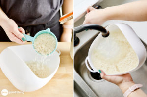 Collage of two images: The image on the left shows a measuring cup of rice being poured into a white, plastic container. The image on the right shows someone rinsing rice in a sink in a white, plastic container.
