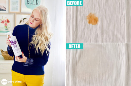 Folex stain remover held by a woman with before and after photos of a stain.