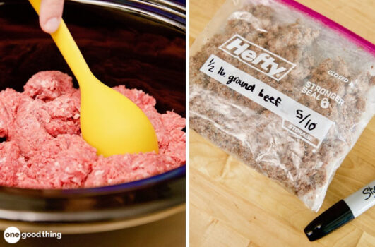 raw ground beef in a crockpot and cooked ground beef in a plastic bag