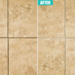 Zep grout cleaner - before and after photo of tan tiles with dirty grout, then clean grout