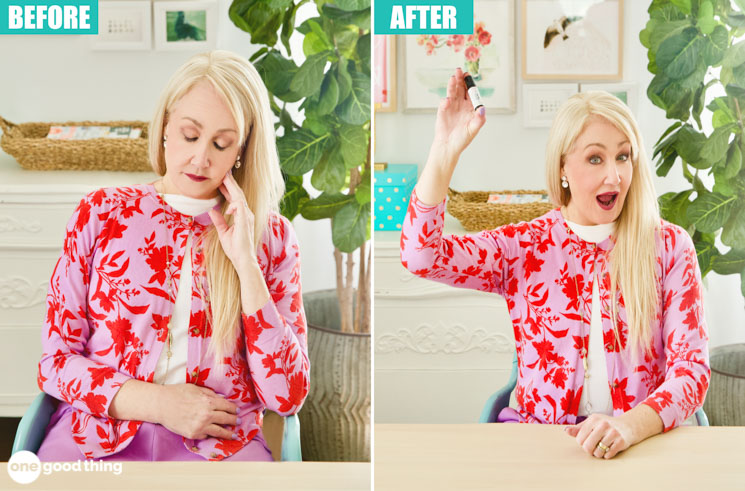 before and after photos of a woman with an upset stomach and how she feels after using essential oils for her upset stomach