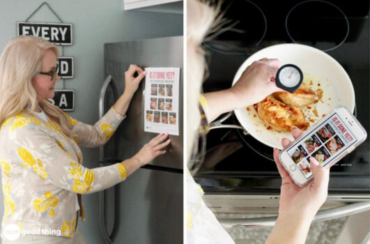 A woman confidently captures a photo of the cooked meat on her stove using her phone.