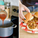 A side-by-side image of a stove with a pot on top and a hand is pouring sloppy joes sauce into the pot. The other side's image shows a lady standing at the back of a wooden table and holding a plate of four sloppy joes that is placed on the table with one hand and lifting the slider bun from the top with the other hand.