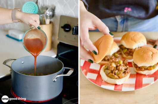 A side-by-side image of a stove with a pot on top and a hand is pouring sloppy joes sauce into the pot. The other side's image shows a lady standing at the back of a wooden table and holding a plate of four sloppy joes that is placed on the table with one hand and lifting the slider bun from the top with the other hand.