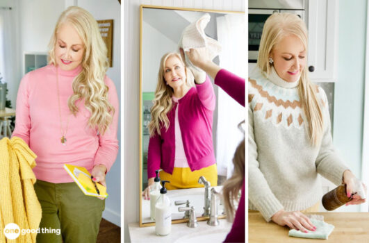 collage of three images of a woman cleaning up around her house