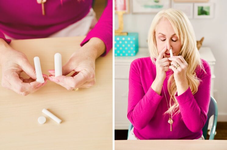 woman using a diy nasal inhaler with essential oils