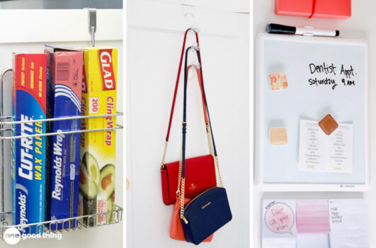 collage of three images showing various ways to use over the door organizers
