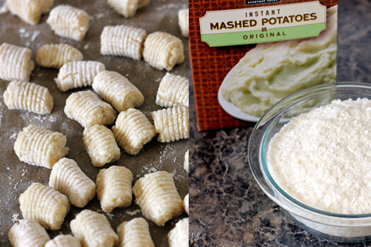 A bowl of instant mashed potatoes next to a bowl of flour.
