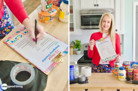 woman's hand filling out checklist/blond woman smiling and holding up emergency supplies checklist