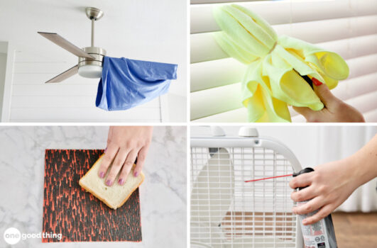 collage: stainless steel ceiling fan with a blue pillowcase on one blade/hand using tongs and a yellow microfiber cloth to dust mini blinds/hand using a piece of bread to dust a painting/hand using canned compressed air to dust a fan.