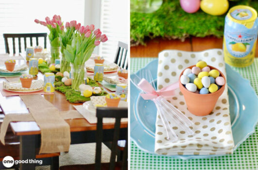 collage: Easter dinner table decorated/Easter dinner place serving with blue plate, gold polka dot napkin, a small terracotta pot filled with Easter egg-shaped candies, and a yellow and pale blue beverage can.