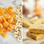 collage: dates, dried apricots, and cashews on marble surface/two homemade larabars stacked