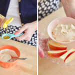 A side-by-side image of a woman's hand measuring honey into a yogurt bowl and the women carrying a tray with apple dip and sliced apples.
