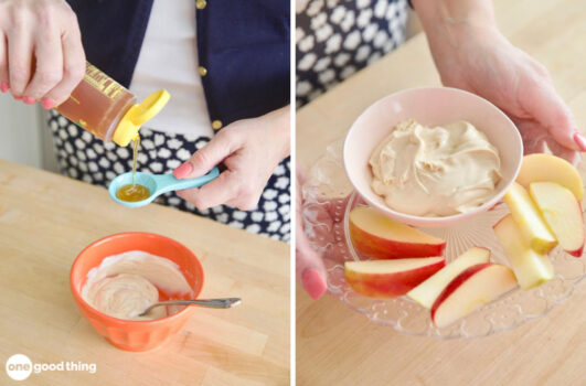A side-by-side image of a woman's hand measuring honey into a yogurt bowl and the women carrying a tray with apple dip and sliced apples.