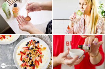 Dandruff remedies - collage: hands holding a spoonful of apple cider vinegar; woman drinking a glass of water; bowl of yogurt with fruit and granola; hands sprinking essential oil into small dish