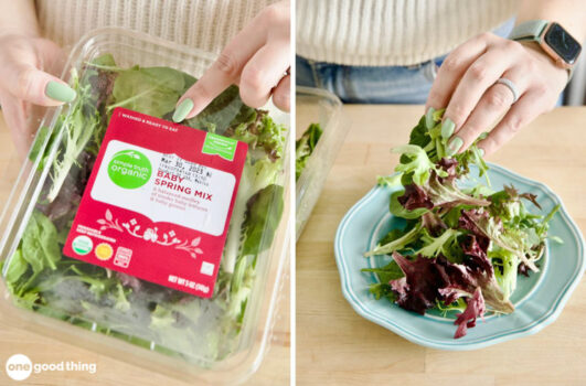 Should you wash pre-washed lettuce and greens? - package of pre-washed mixed greens; mixed greens on a plate