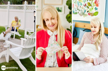 What Moms Really Want - collage: woman relaxing outside; woman holding a Mother's Day Card; woman reading in bed