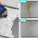 Cleaning with Baking Soda and Hydrogen Peroxide - collage: pouring hydrogen peroxide into a sheet pan with baking soda in it; before and after photos of sheet pan - one photo the pan has brown stains, the next photo the stains are gone
