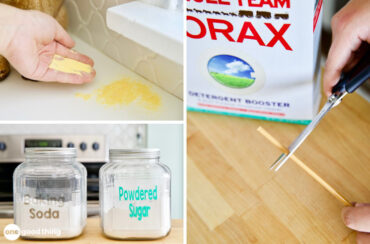 Get rid of ants and keep them away - collage: sprinkling corn meal on a window sill; jar of baking soda and jar of powdered sugar; box of borax and cutting a straw with scissors,