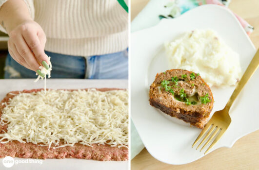 cheesy crockpot meatloaf - collage: meatloaf mixture rolled out with cheese being put on it; slice of cooked meatloaf on plate