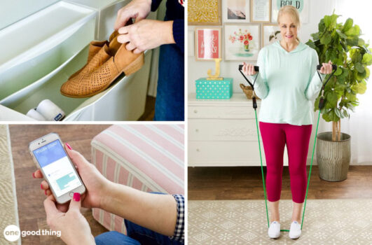 Natural Allergy Remedies collage: putting shoes away in an entry; getting local pollen report on smartphone, exercising with bands