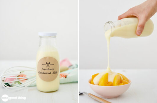 Two surprising pictures of a person pouring powdered milk into a bowl.